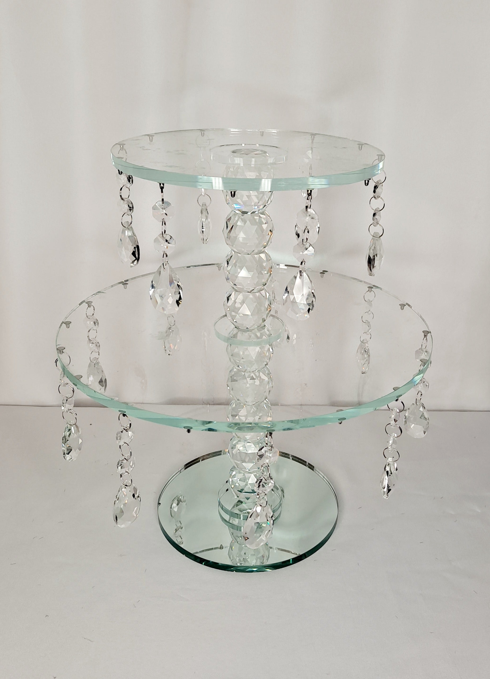 Gold cake stand w/ hanging crystals 12
